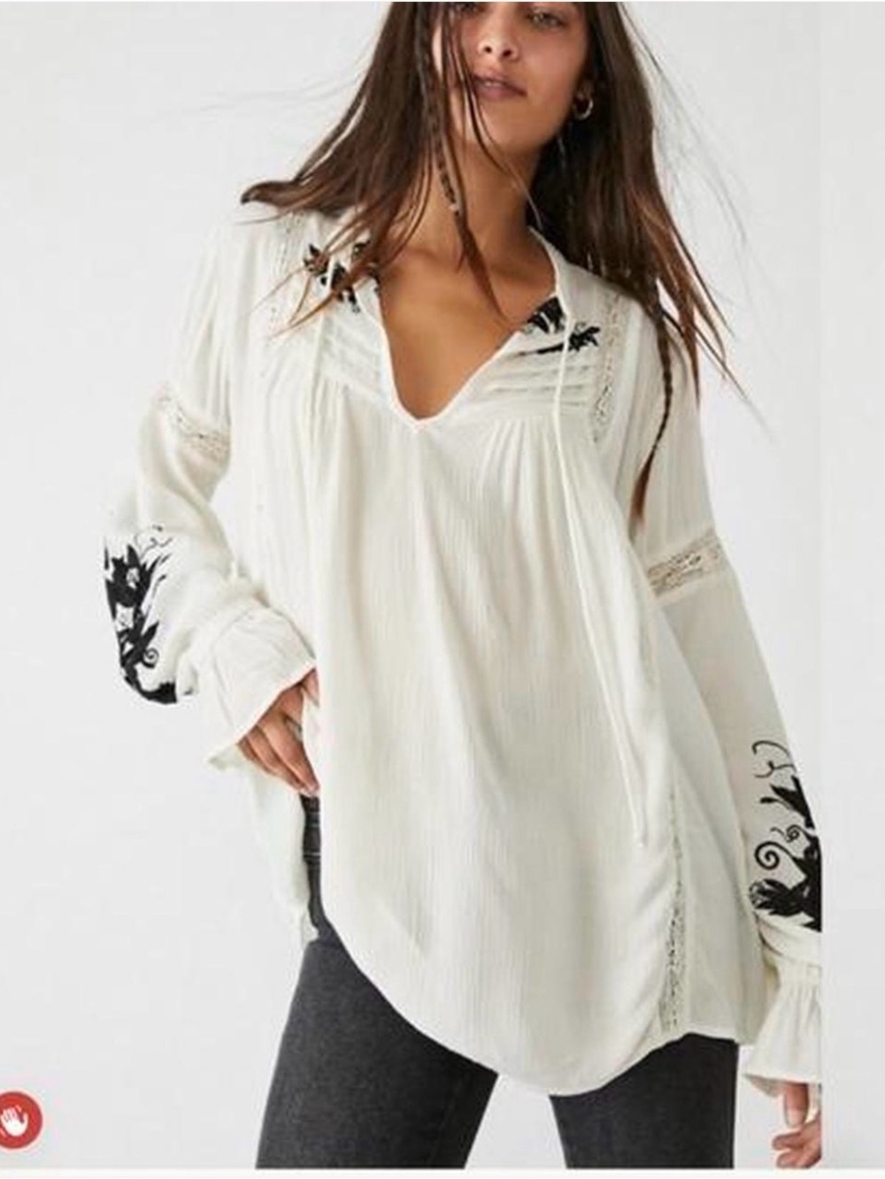 Free People Tusalossa Embroidered Lace Tunic Top Ivory Black XS